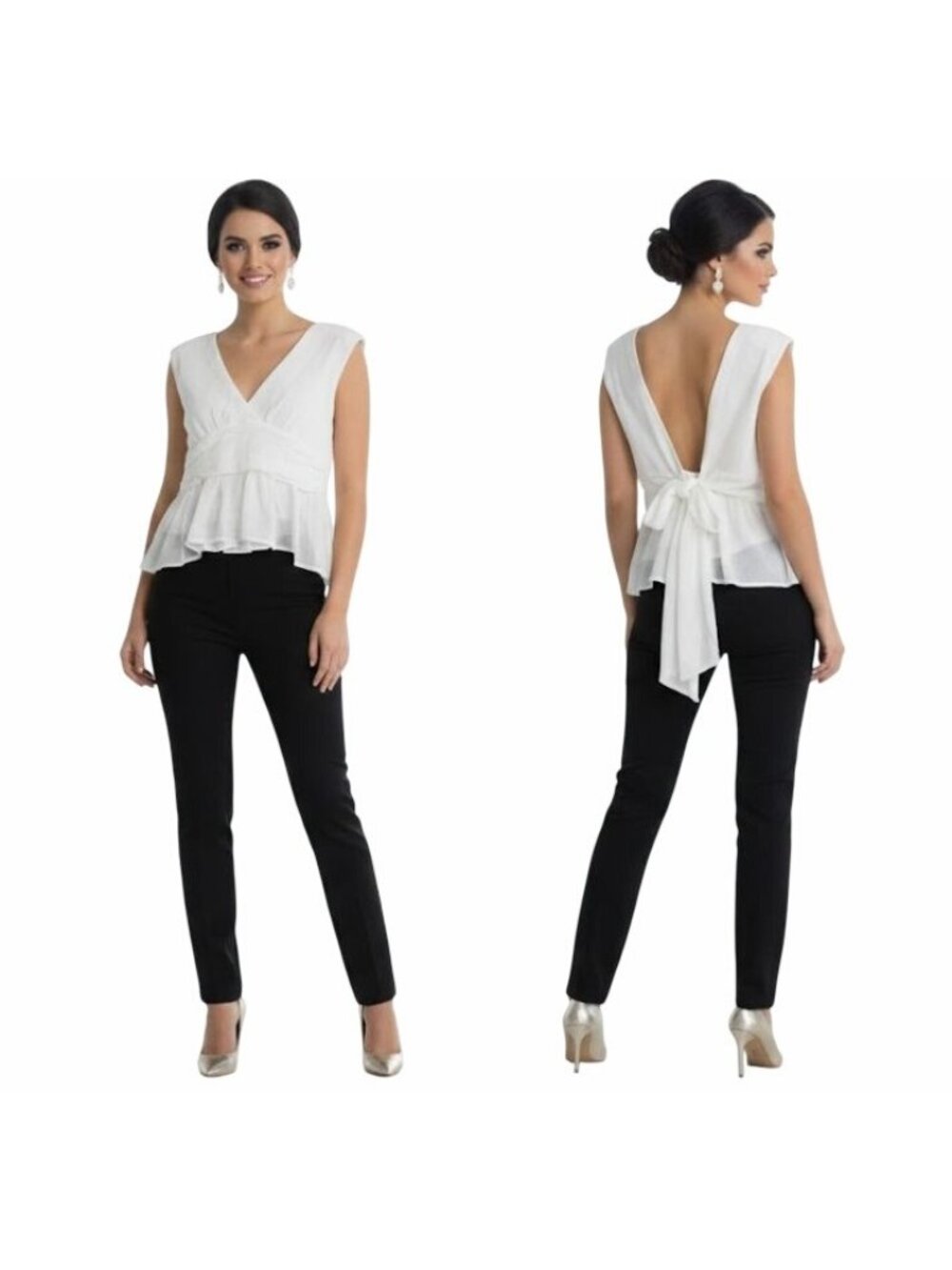 ⭐New M Women's white blouse Party night out shoulder pads Backless Knot v-neck